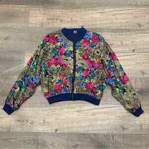 VINTAGE Womens Colorful Embroidered Bomber Jacket Size L Beaded Maximalist Artsy
